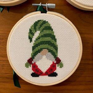 Handmade Christmas Gnome Cross Stich Hanger/Ornament Green Stripe Hat in 4" Hoop